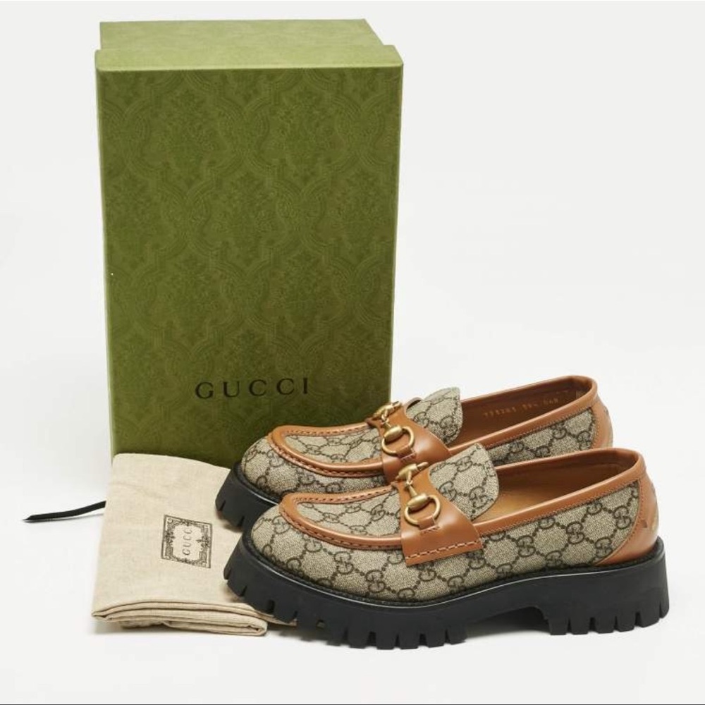 Gucci Tan and Brown Monogram Loafers